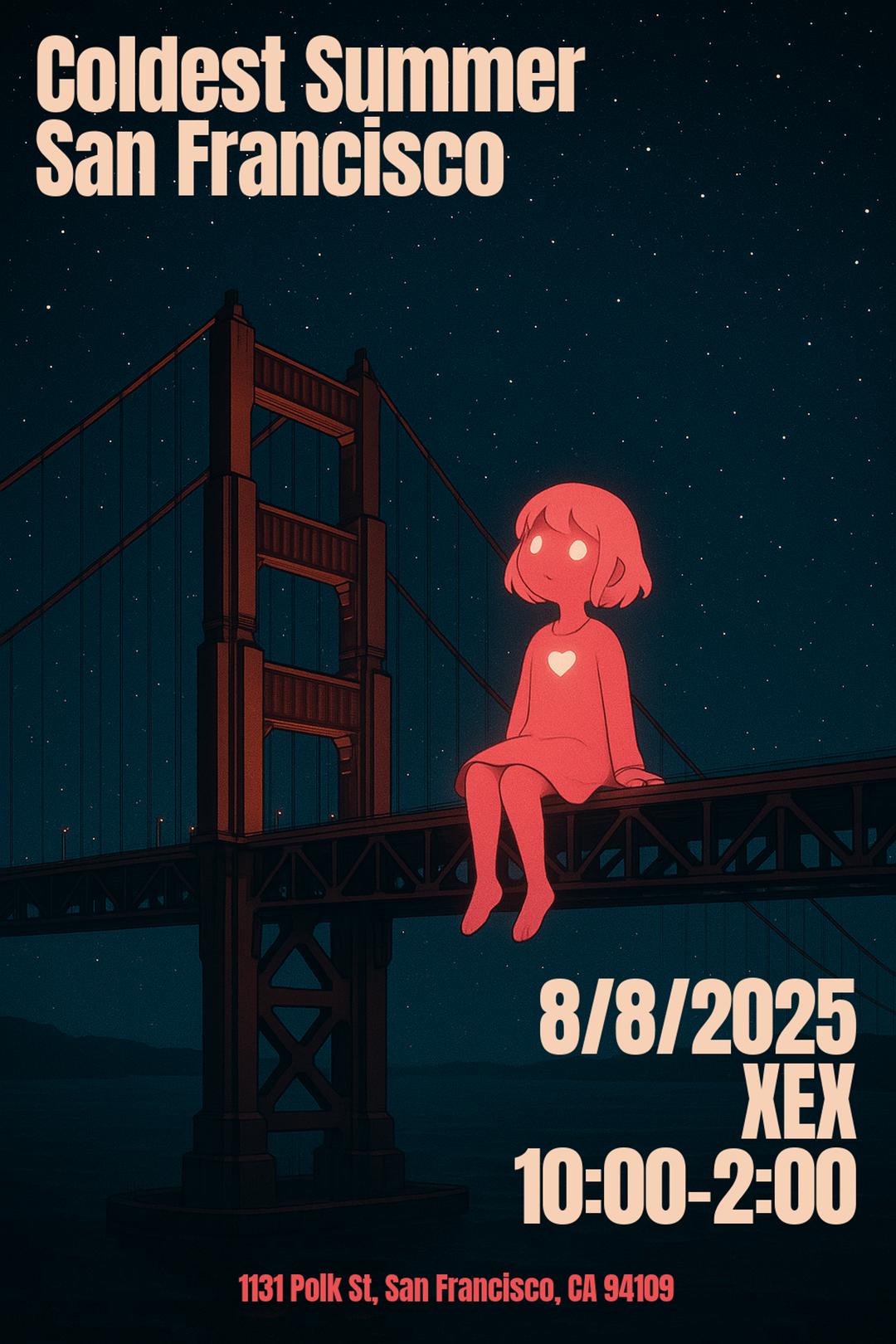 Coldest Summer San Francisco flyer hero image hosted by Harcourt Rd. at XEX starting at 2025-08-08T22:00:00.000Z