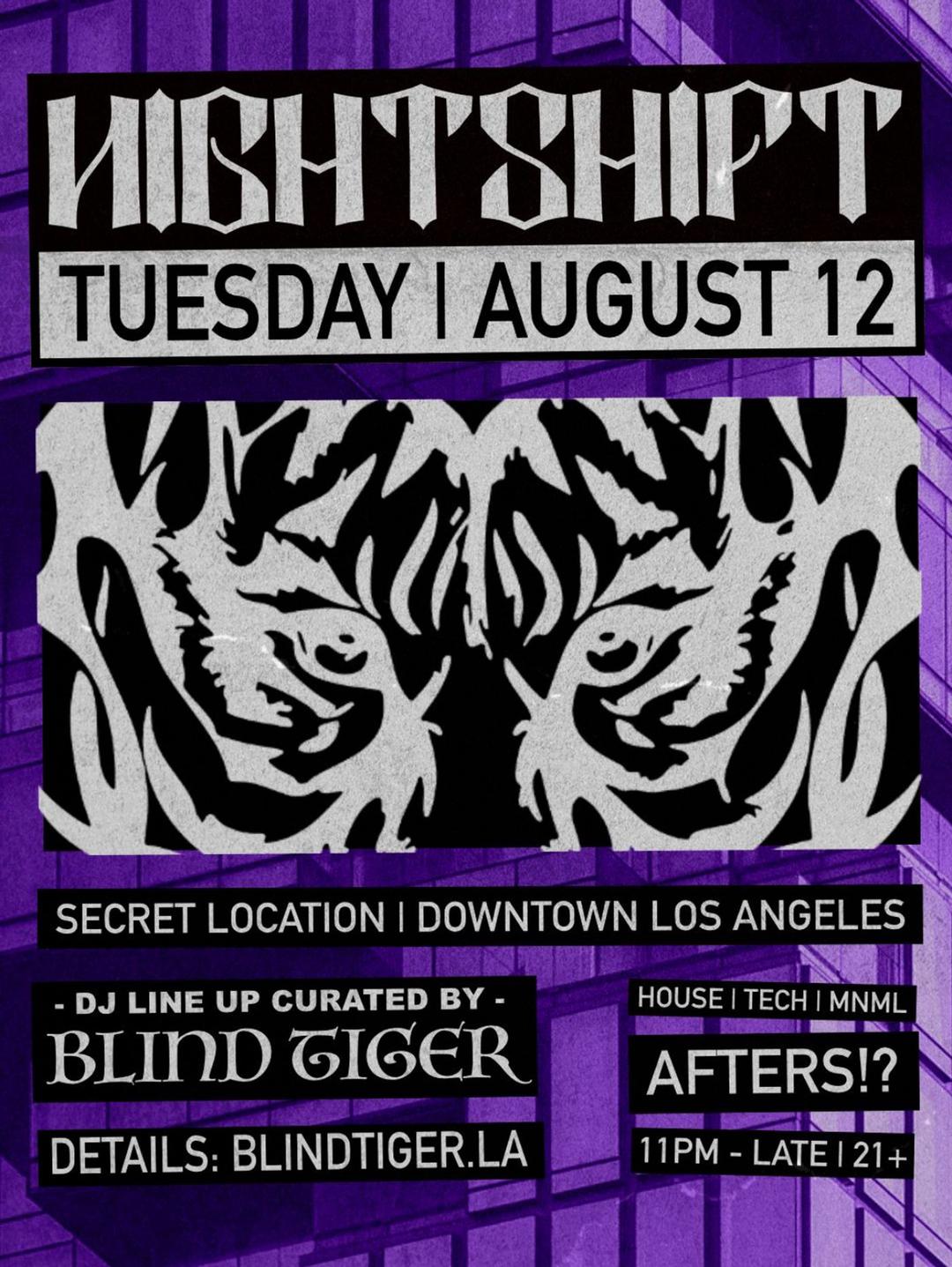 AFTERS 8-12 flyer hero image hosted by NIGHTSHIFT at ADDRESS SENT VIA TXT & EMAIL starting at 2025-08-12T23:00:00.000Z