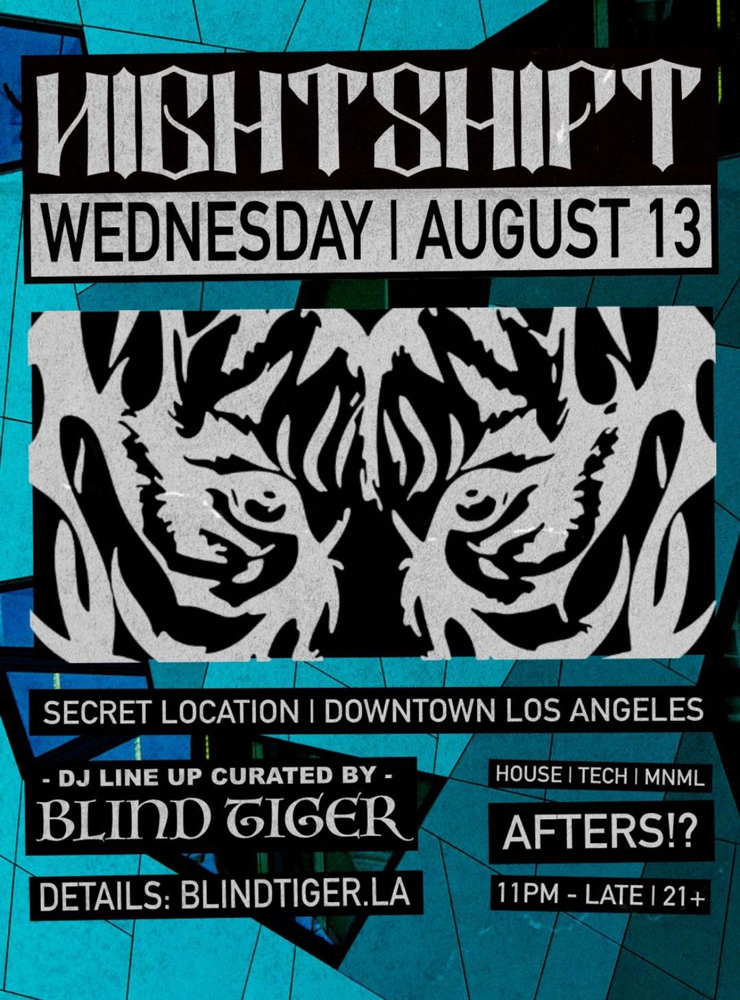 AFTERS 8-13 flyer hero image hosted by NIGHTSHIFT at ADDRESS SENT VIA TXT & EMAIL starting at 2025-08-13T23:00:00.000Z