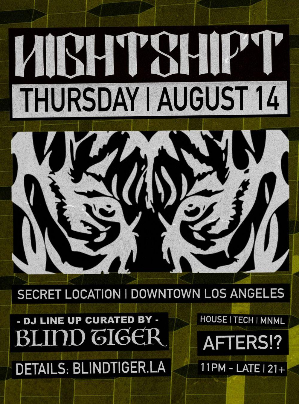 AFTERS 8-14 flyer hero image hosted by NIGHTSHIFT at ADDRESS SENT VIA TXT & EMAIL starting at 2025-08-14T23:00:00.000Z