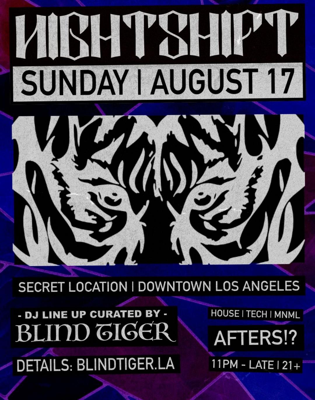 AFTERS 8-17 flyer hero image hosted by NIGHTSHIFT at ADDRESS SENT VIA TXT & EMAIL starting at 2025-08-17T23:00:00.000Z