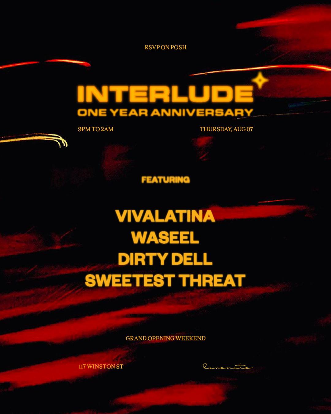 Interlude flyer hero image hosted by LoveChild at Love Note starting at 2025-08-07T21:00:00.000Z