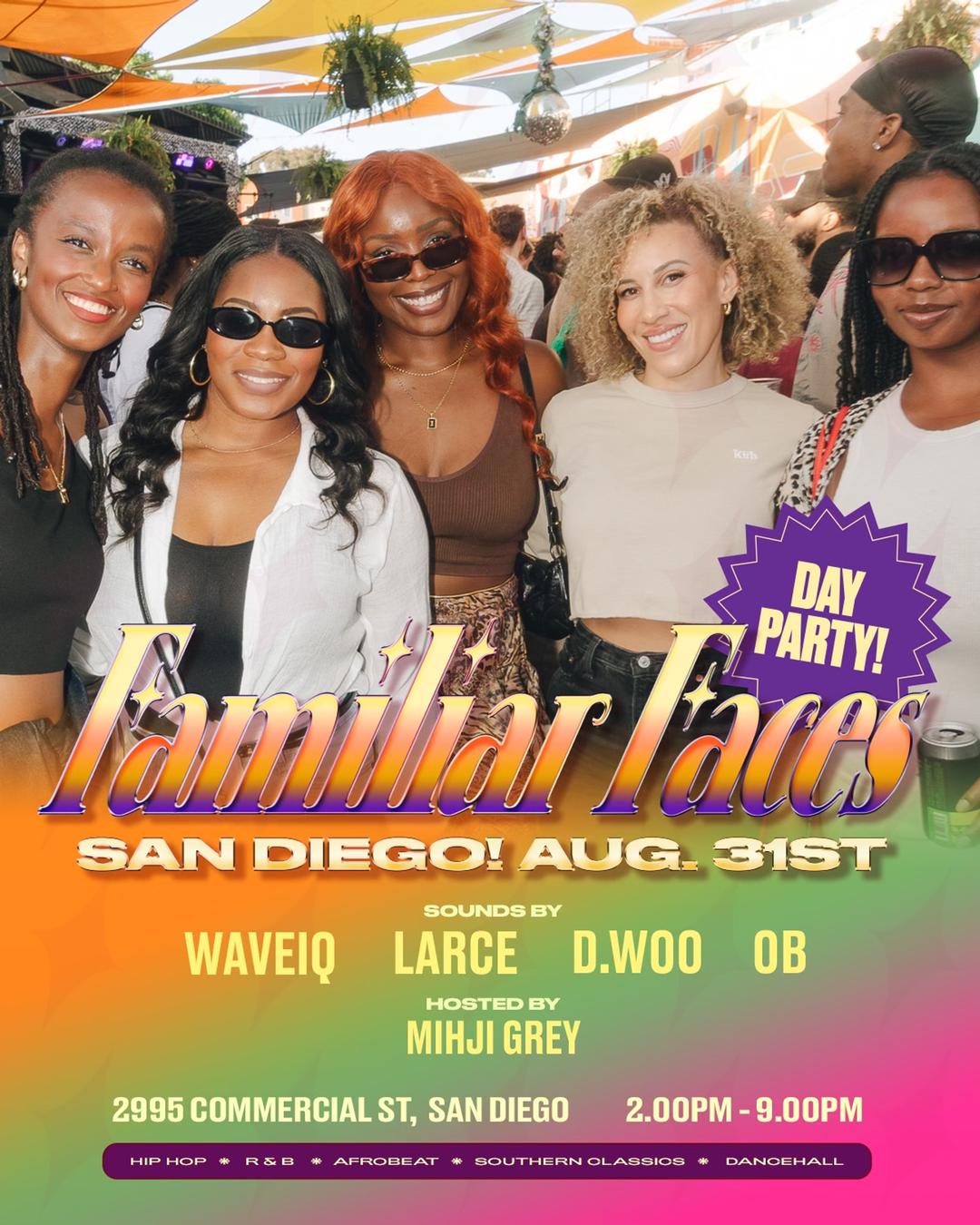 Familiar Faces Day Party: San Diego flyer hero image hosted by Familiar Faces at The Soap Factory starting at 2025-08-31T14:00:00.000Z