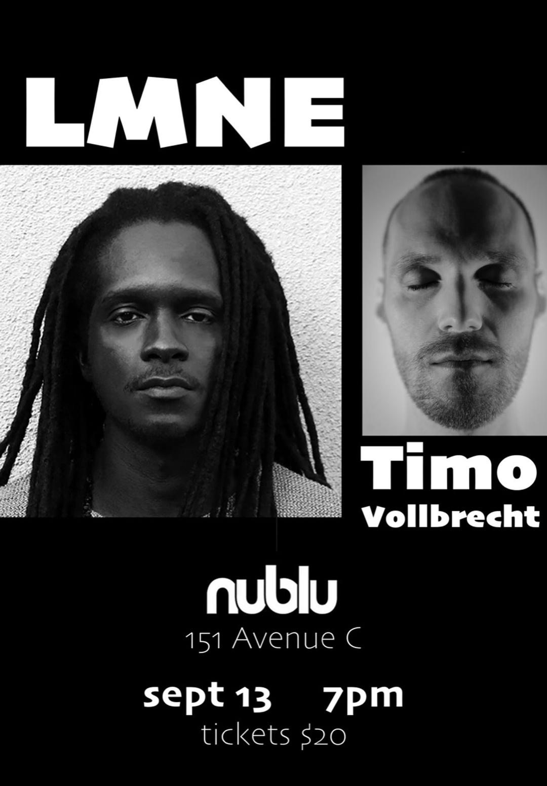 LMNE and Timo Vollbrecht flyer hero image hosted by NUBLU at Nublu starting at 2025-09-13T19:00:00.000Z