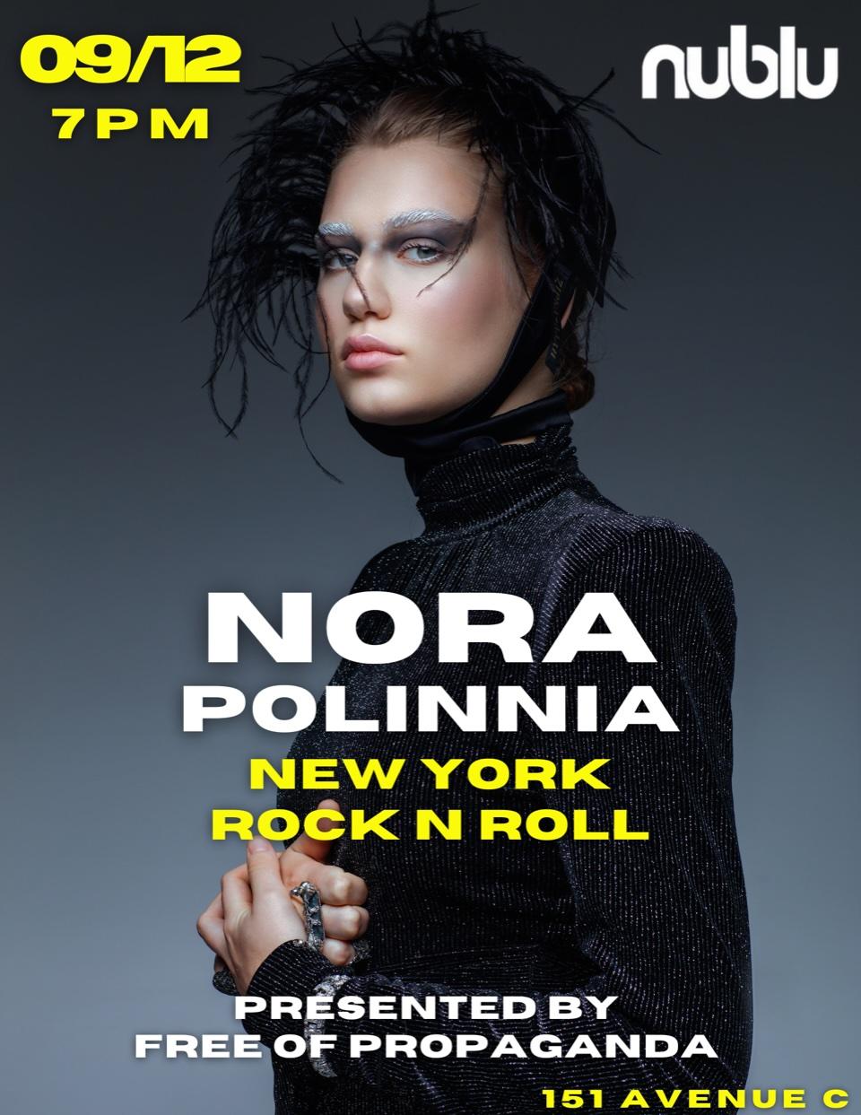 NORA POLINNIA flyer hero image hosted by NUBLU at nublu starting at 2025-09-12T19:00:00.000Z
