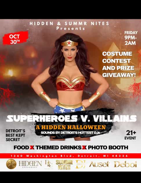 Artwork published for Superheroes vs. Villains Halloween Party in Detroit